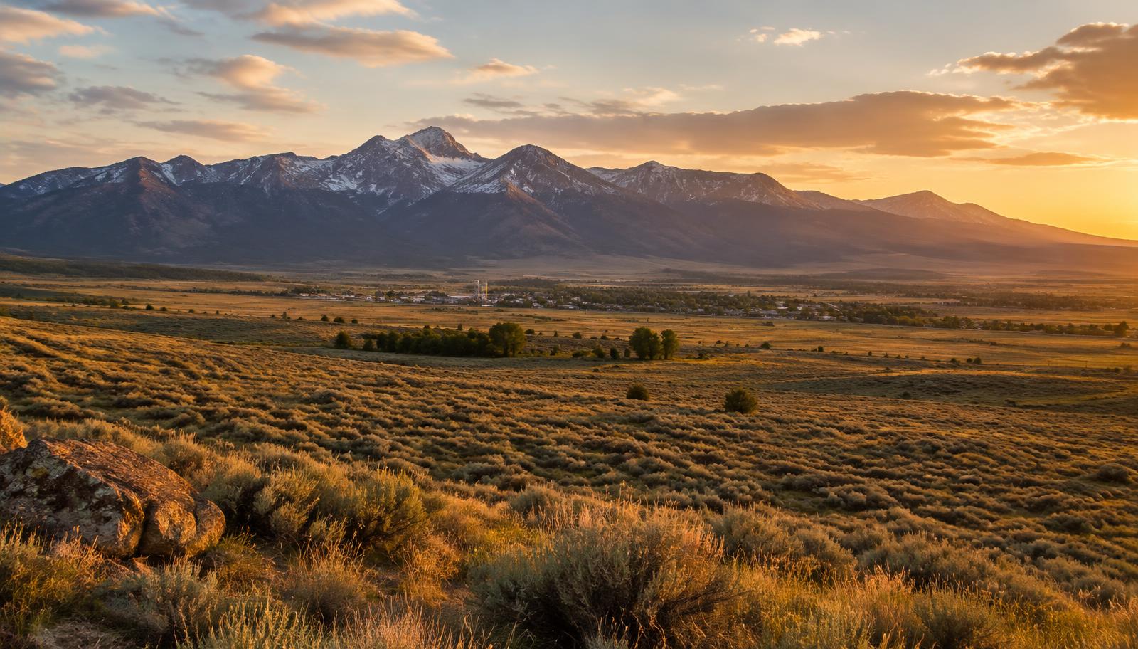 Golden-hour view of Wyoming sagebrush plains and mountains above a small town